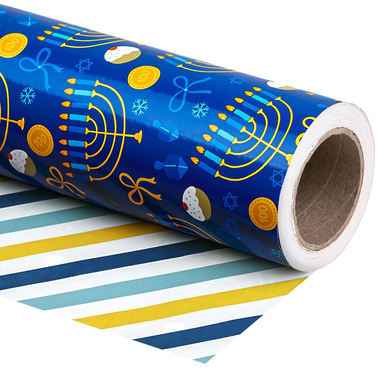 Reversible Hanukkah Wrapping Paper - Mini Roll - 17 Inch x 33 Feet - Blue Gold White Menorahs and Stripe Chanukah Wrapping Paper Perfect for Hanukkah, Chanukah, Holiday